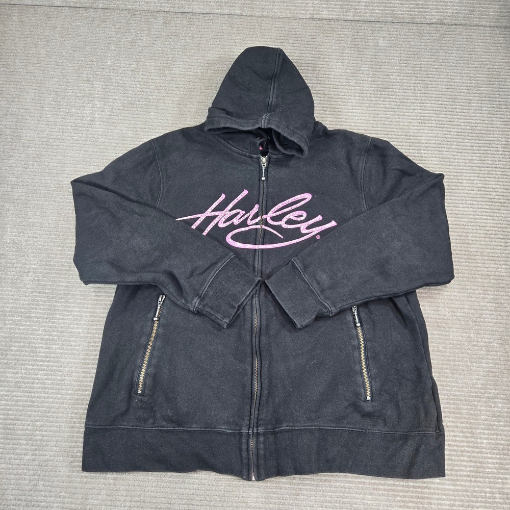 Harley-Davidson Women 1X Black Pink Rhinestone Logo Full Zip Hoodie Jacket - Picture 2 of 8